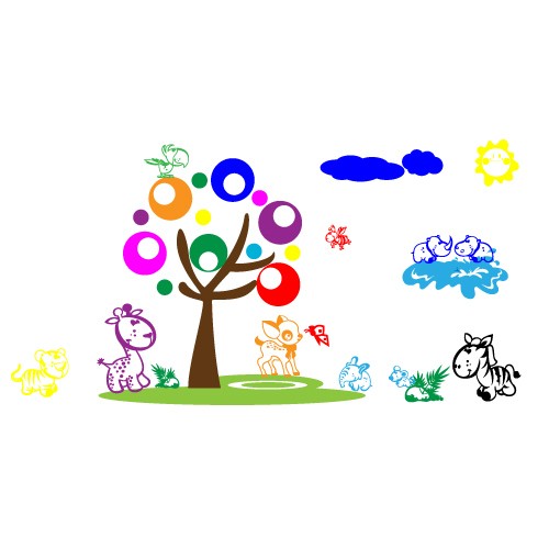 sticker decorativ copac colorat cu animale